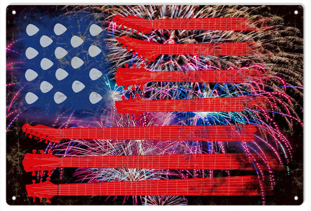 Guitar Flag U.S.A. Vintage Reproduction Music Sign 12x18