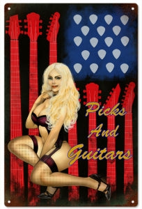 Guitar Picks Pin Up Girl Vintage Music Reproduction Sign 12x18