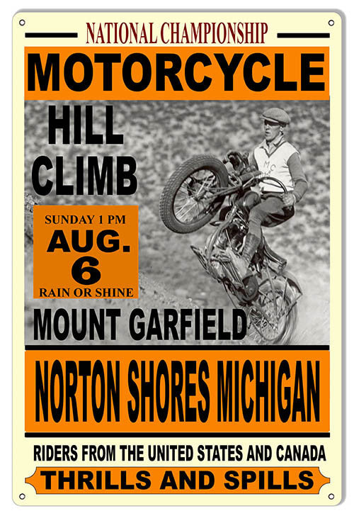 Nat. Motorcycle Hill Climb  Motor Speedway Reproduction Sign 12″x18″