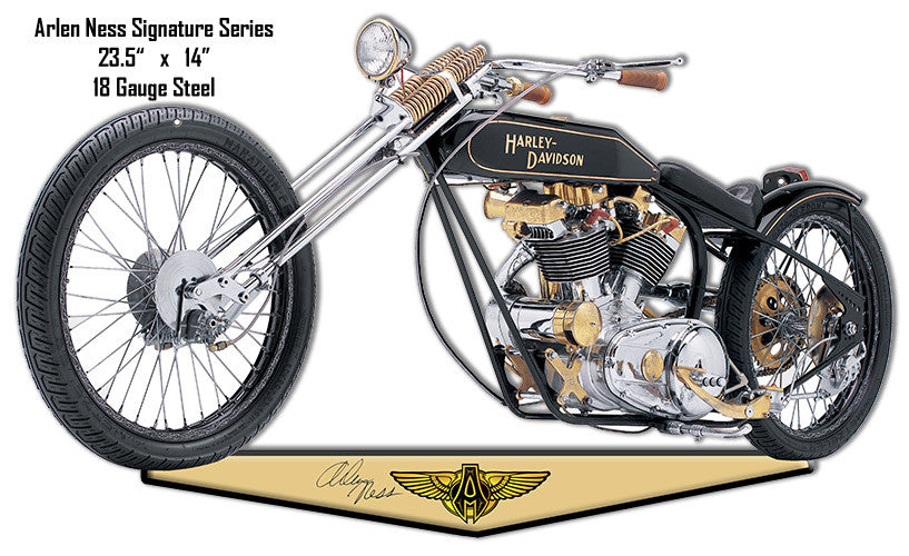 Black And Gold Arlen Ness Reproduction Motorcycle Cut Out Metal Sign 14″x23.5″