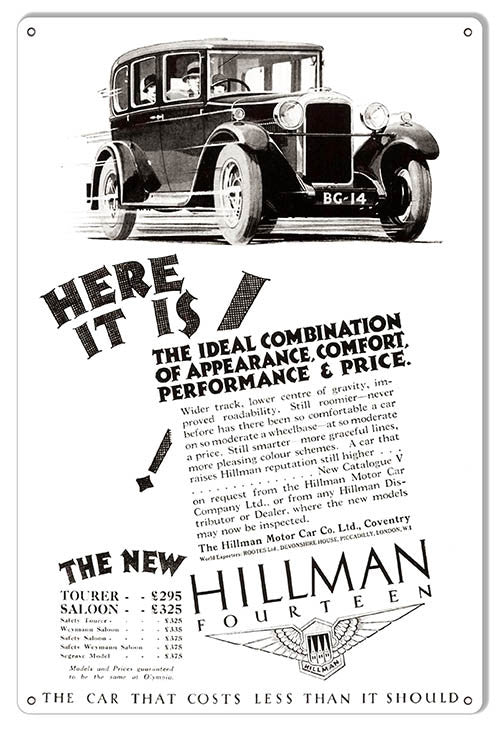 Hillman Fourteen Vintage Automobile Reproduction Metal Sign 12″x18″