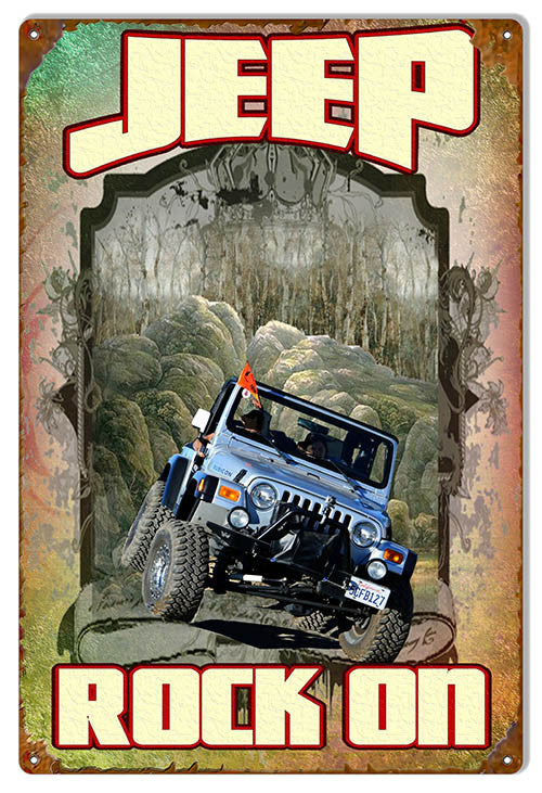 Jeep Rock On Reproduction Metal Sign By Artist Phil Hamilton 12″x18″