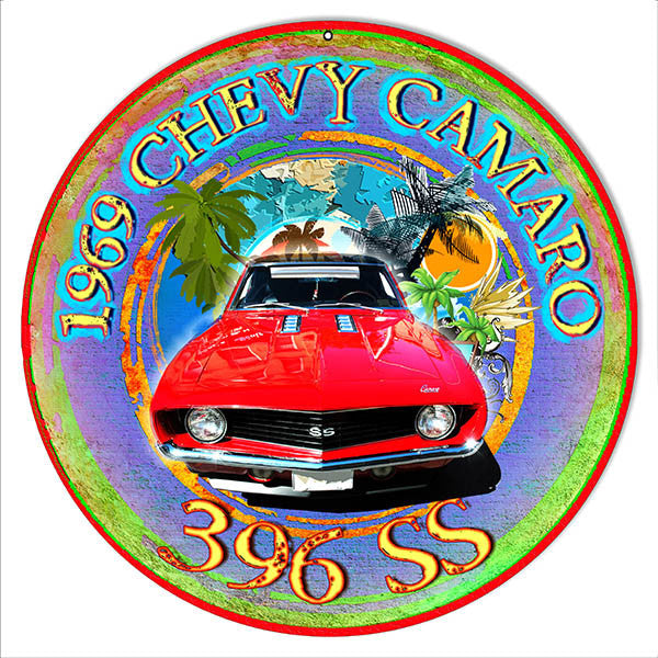 396 SS Camaro Reproduction Metal Sign By Artist Phil Hamilton 14″x14″