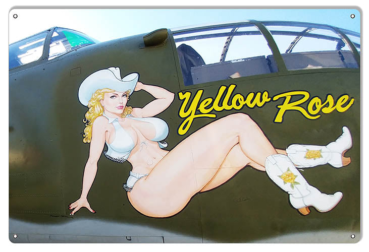 Pin Up Girl Nose Art Reproduction Yellow Rose Aviation Sign 12"x18
