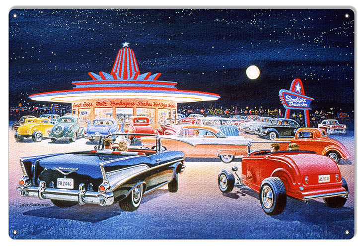 Hot Rods At Drive In Reproduction Garage Sign By Jack Schmitt 12x18