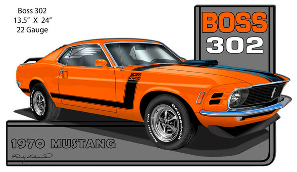 Mustang 1970 Series Orange Cut Out Metal Sign By Rudy Edwards 13.5x24