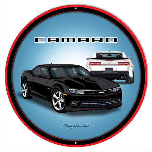 Camaro Hot Rod Black Metal Sign By Rudy Edwards 14x14 Round