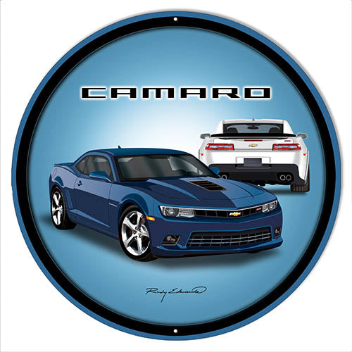 Camaro Hot Rod Blue Metal Sign By Rudy Edwards 18x18 Round