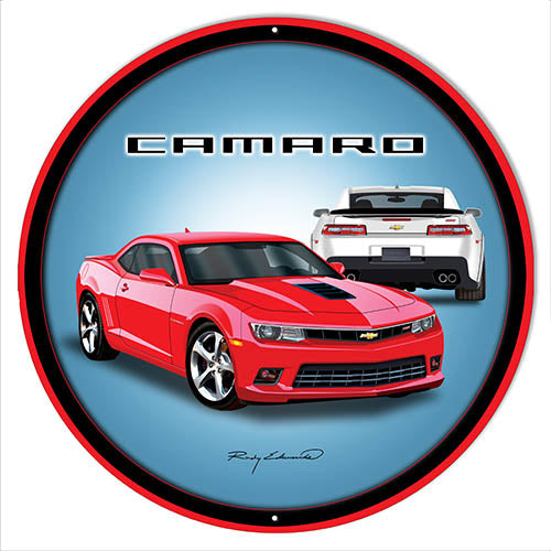 Camaro Hot Rod Red Metal Sign By Rudy Edwards 24x24 Round