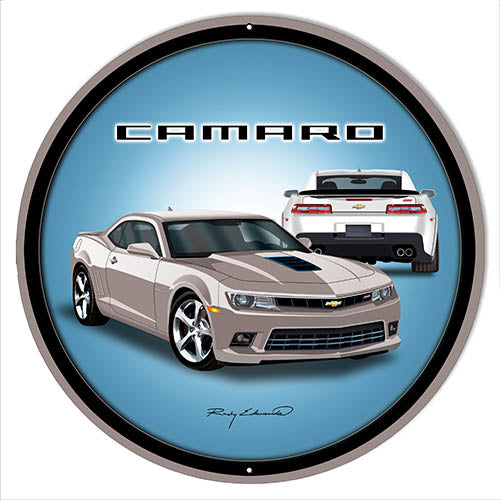 Camaro Hot Rod Silver Metal Sign By Rudy Edwards 24x24 Round