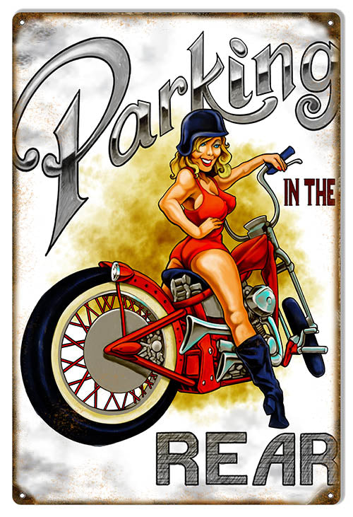 Parking In the Rear Reproduction Pin Up Girl Aged Looking Metal Sign 12x18 RVG1544