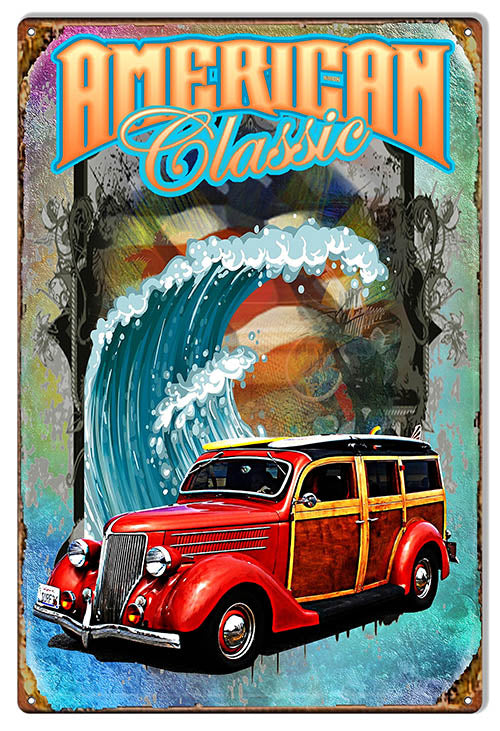 American Classic Woodie Metal Sign By Artist Phil Hamilton