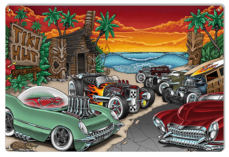 Hot Rod Tiki Hut Garage Shop Metal Sign By Britt Madding 12x18