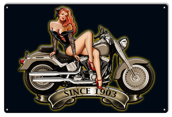 Pin Up Girl Motorcycle 1903 Series Metal Sign By Steve McDonald 12x18