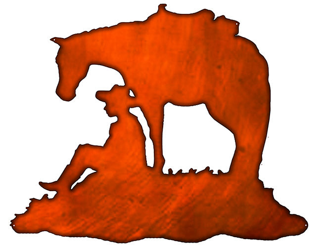 Cowboy And Horse Cut Out Faux Copper Finish Metal Sign 24x29.5