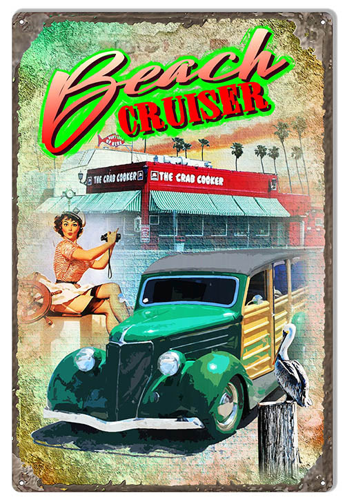 Woodie Beach Cruiser Metal Sign By Phil Hamilton 12x18