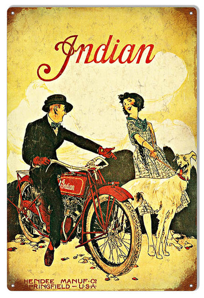 Indian Motorcycle With Couple Vintage Metal Sign 12x18