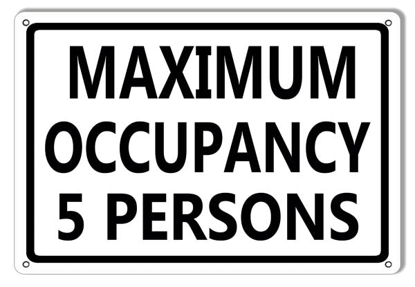 Maximum Occupancy 5 Persons Metal Sign 9x12