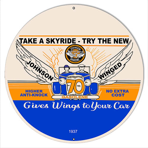 Johnson Winged 70 Gasolene Metal Sign