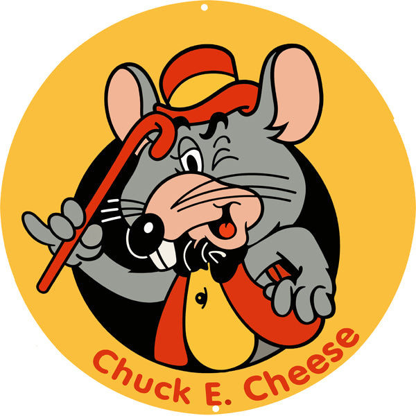 Chuck E. Cheeses 16"x16" (yellow with hat and cane) Metal Sign (Pizza Time Theater)