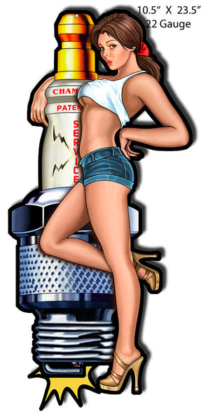 Champion Spark Plug Pin Up Girl Cut Out Garage Art Metal Sign 10.5x23.