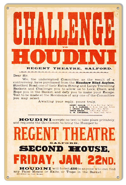 Houdini Challenge Reproduction Magician Metal Sign 12x18