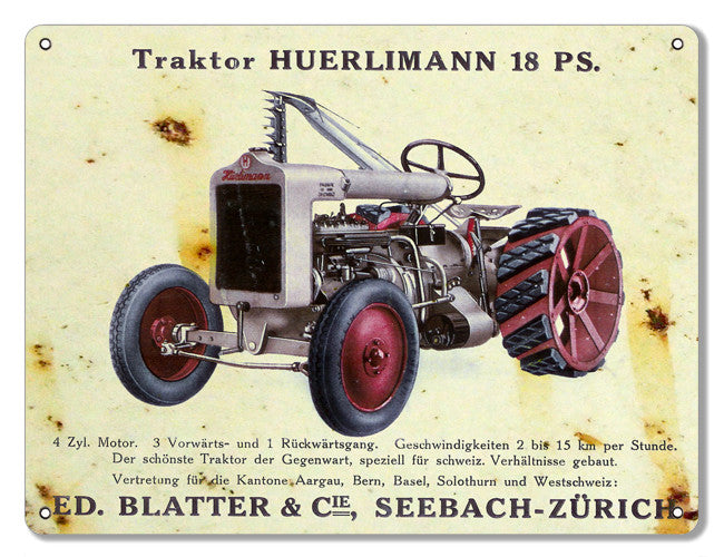 Traktor Huerlimann 18 PS Country Reproduction Metal  Sign 9″x12″