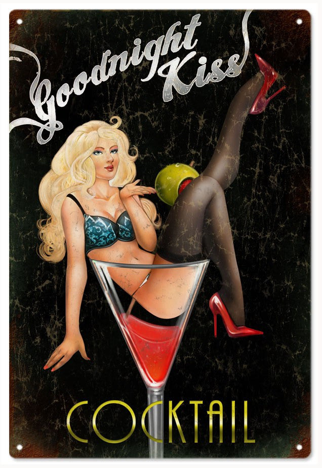 Goodnight Kiss Pin Up Girl Cocktail Bar Sign Garage Art