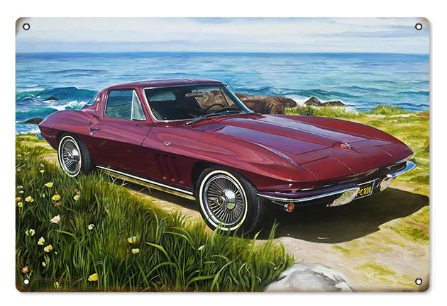 Classic Corvette Maroon Garage Art Sign By Donna Wayman-Mauer 12x18