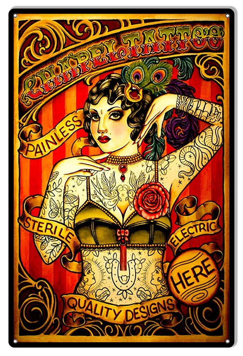 Chapel Tattoo Lady Reproduction Nostalgic Metal Sign 12x18
