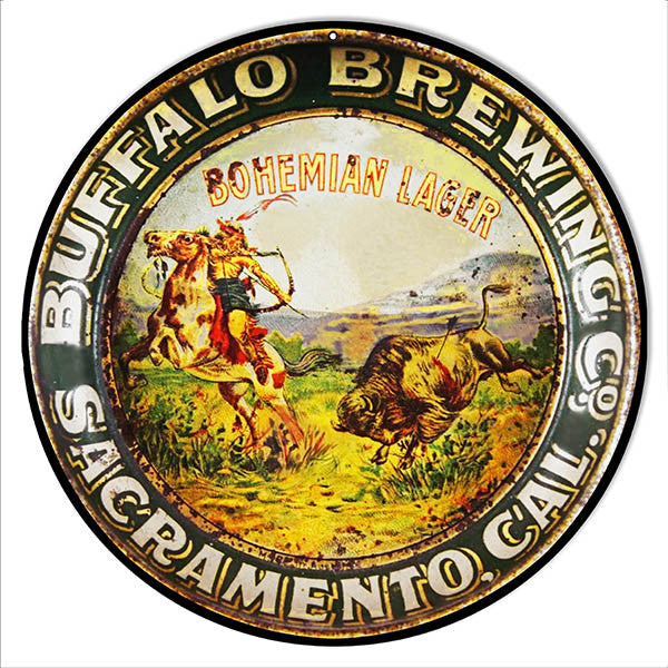 Distressed Buffalo Brewing Sacramento Bar Reproduction Sign 14″ Round