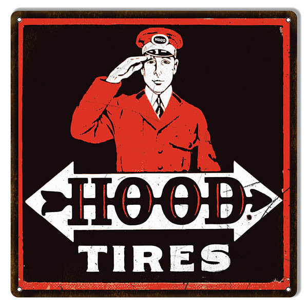 Aged Looking Black Red Hood Tires Gas Station Reproduction Sign 12″x12″