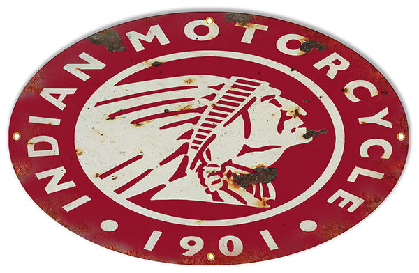 Distressed Red Indian 1901 Motorcycle Reproduction Sign 15″x24″ Oval