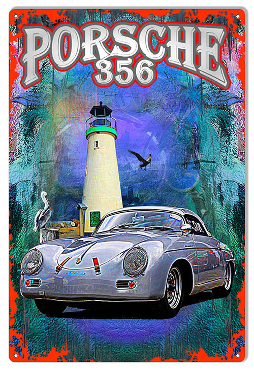 Porsche 356 With Lighthouse By Artist Phil Hamilton 12″x18″