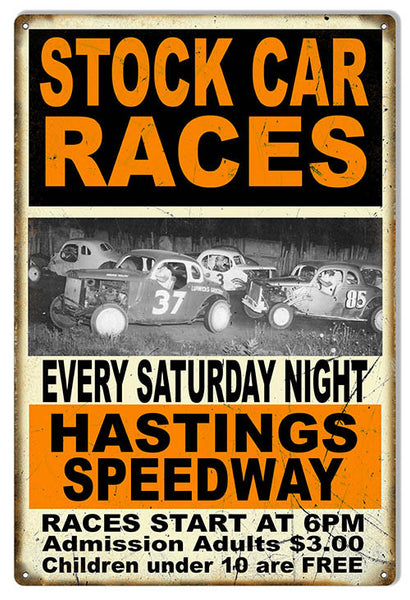 Stock Car Races Sat Night Motor Speedway Reproduction Sign 12″x18″