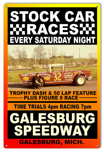 Stock Car Races Galesburg Motor Speedway Reproduction Sign 12″x18″