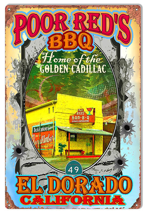 Poor Reds BBQ Eldorado Reproduction Sign  Artist Phil Hamilton 12″x18″