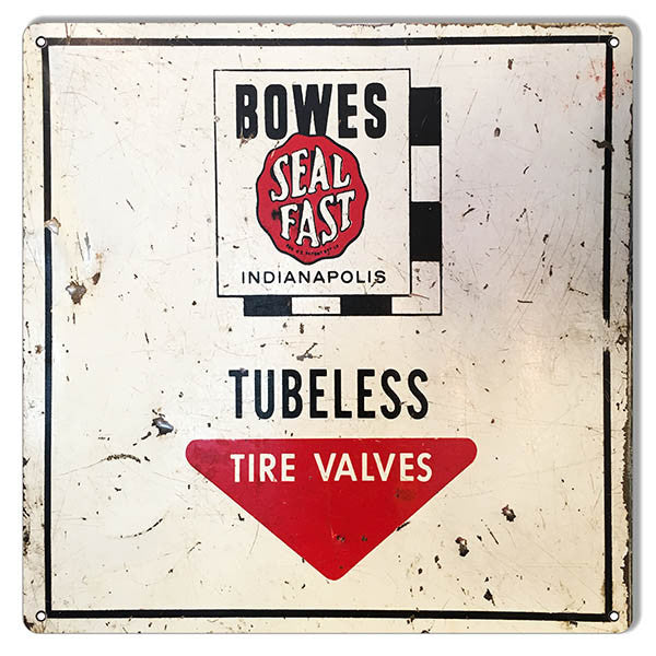Aged Bowes Tubeless Tire Valves Gas Station Reproduction Sign 12″x12″