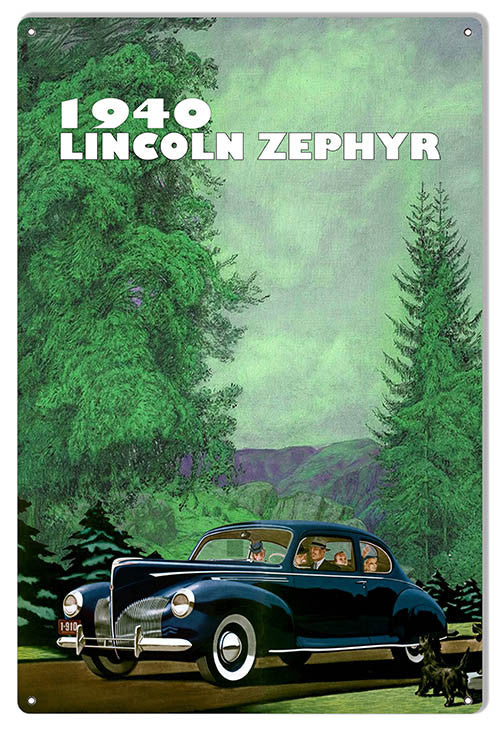Reproduction 1940 Lincoln Zephyr 12"x18" Classic Car Metal  Sign by Phil Hamilton