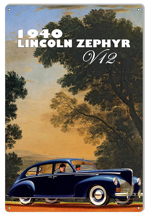 Reproduction Classic Car V12 Lincoln Zephyr Metal  Sign By Phil Hamilton 12"x18 "
