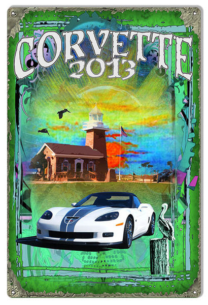 Reproduction White Corvette by Phil Hamilton Classic Car Metal  Sign 12"x18"