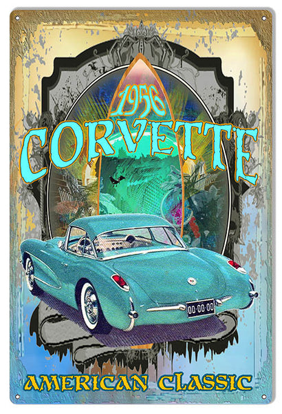 Reproduction 1956 Blue Corvette by Phil Hamilton Classic Car Metal  Sign 12"x18"