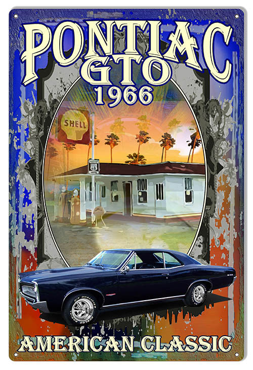 Reproduction Pontiac GTO 1966 Hot Rod Car by Phil Hamilton Metal  Sign 12"x18"
