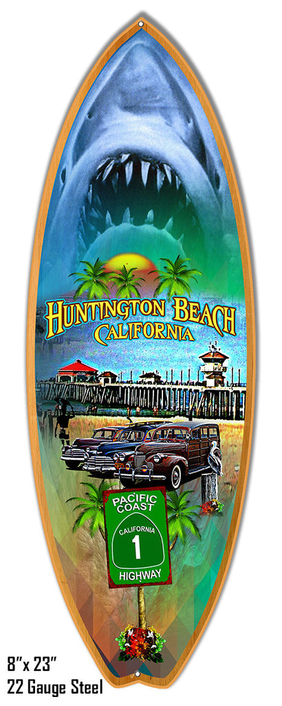 Reproduction Huntington Beach Surf Board Metal  Sign 8"x23" Laser Cut Out of Steel