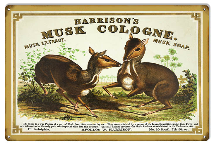 Reproduction Harrisons Musk Cologne Nostalgic Metal  Sign 12″x18″