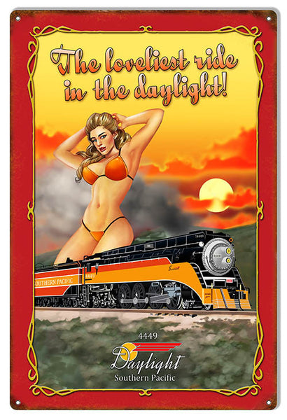 Reproduction Loveliest Ride Daylight Railroad Pin Up Girl Metal  Sign 12″x18″