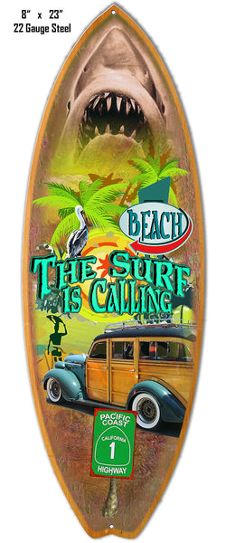 Surf Is Calling Surfboard Laser Cut Out Metal  Sign Reproduction 8″x23″