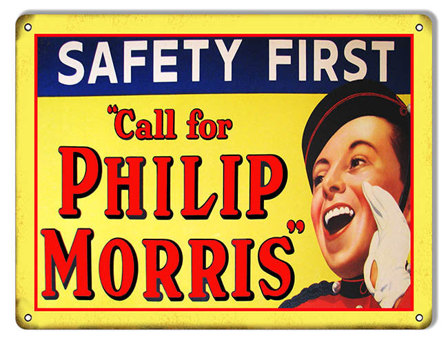 Safety First Philip Morris Cigarette Ad Reproduction Metal Sign 9″x12″