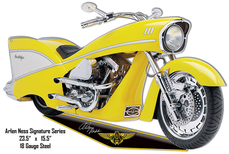 Yellow Arlen Ness Reproduction Motorcycle Cut Out Metal Sign 15.5″x23.5″