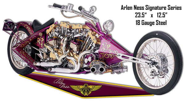 Maroon Arlen Ness Motorcycle Reproduction Cut Out Metal Sign 12.5″x23.5″